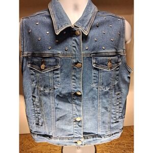 Denim & Co Womens Medium Wash Rhinestone Studded Denim Vest Blue Large L